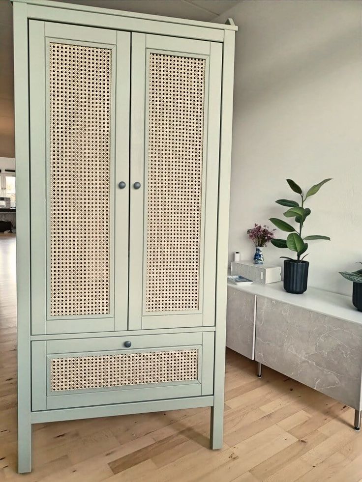 an armoire with wicker doors in a room next to a potted plant