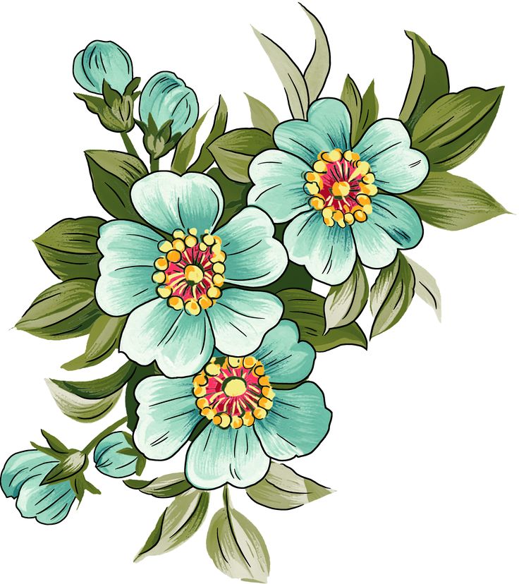 blue flowers with green leaves on a white background