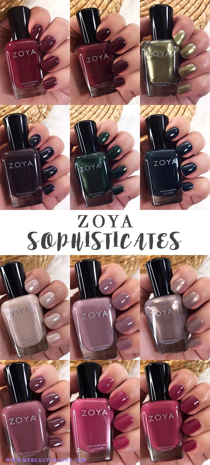 various nail polishes are shown in different colors and sizes, with the words zoya on