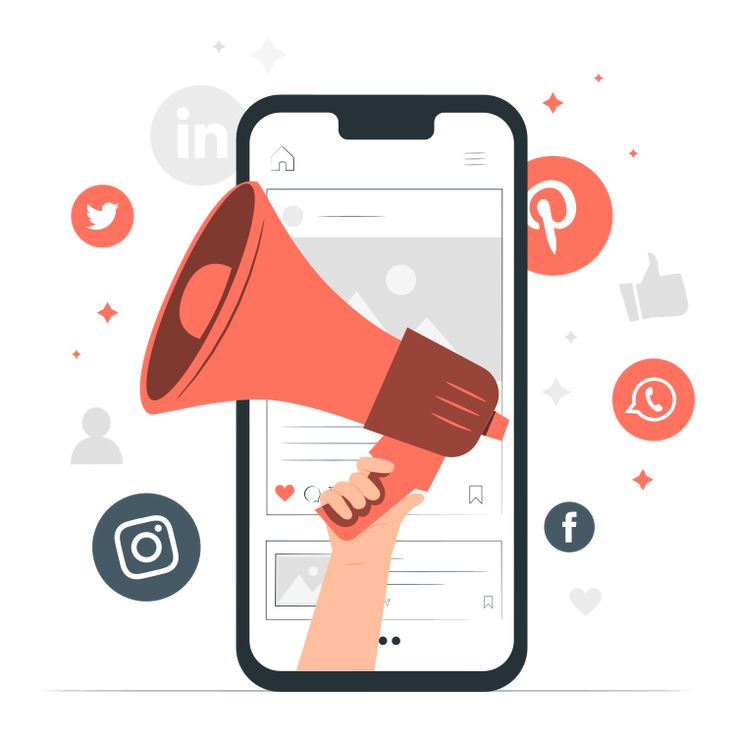 a hand holding a megaphone with social media icons surrounding it and the phone screen