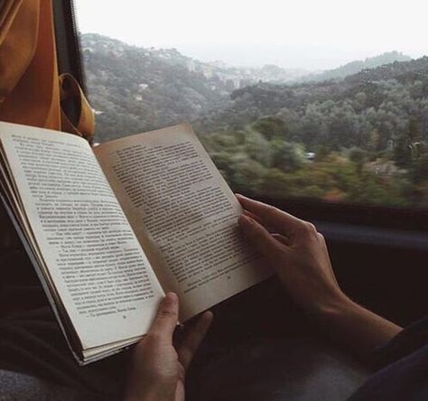 a person is reading a book while sitting on a train with mountains in the background