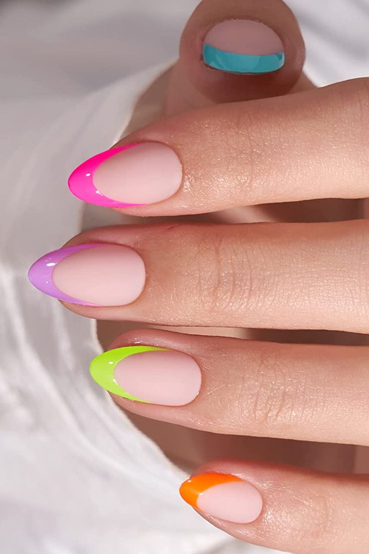 Soft Gel Multicolor French Tip Press On Nails Design, Neon, Colourful Nail, Pastel, French Tip Gel Nails, French Tip Acrylic Nails, French Tip Nail Designs, Simple Gel Nails, Gel Acrylic Nails