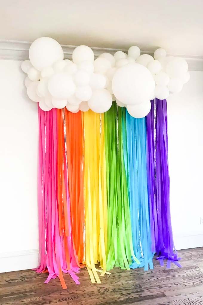 balloons and streamers are hanging from the ceiling in front of a rainbow colored wall