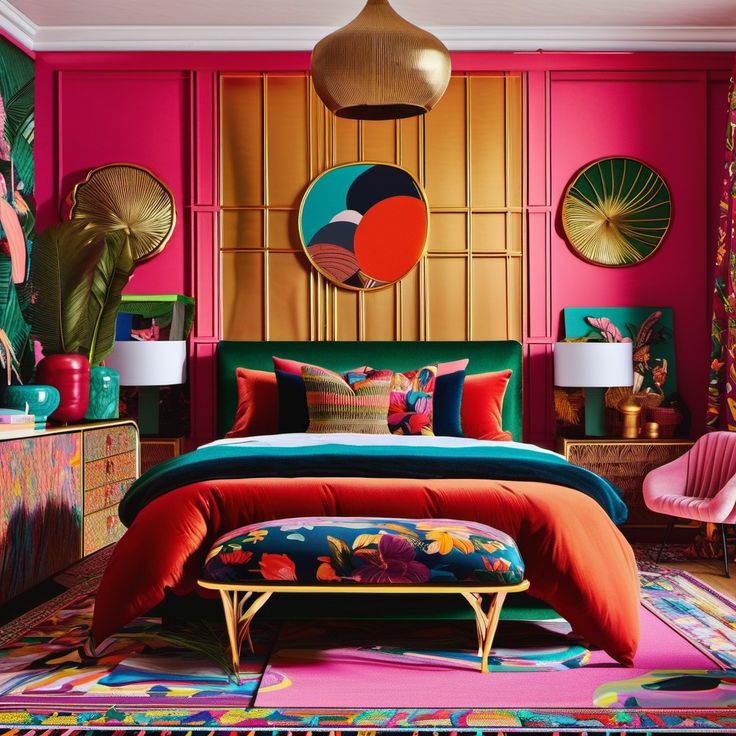 a bedroom decorated in pink, green and gold with colorful accessories on the bedding