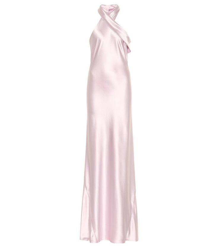 a women's pink dress on a mannequin neckline, with one shoulder draped