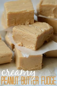 some peanut butter fudges are stacked on top of each other with the words, creamy peanut butter fudge