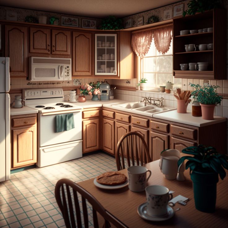 the kitchen is clean and ready to be used for breakfast or dinner time, with dishes on the table