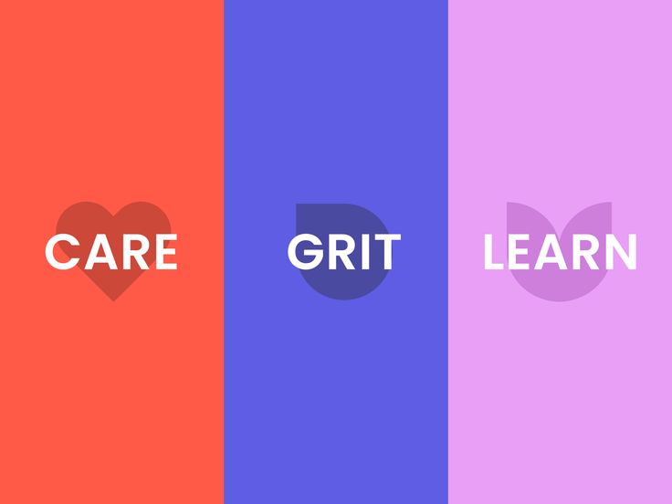the words care, grit and learn are arranged in three different color palettes with hearts