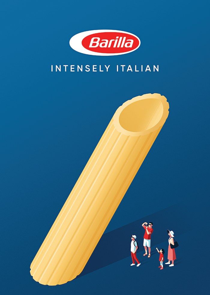 an advertisement for the italian pasta company called bariella, with three people standing in front of it