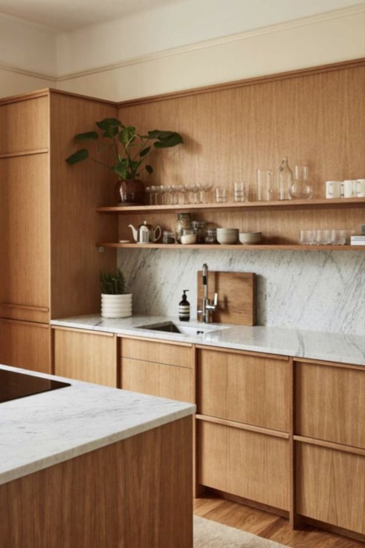 a kitchen with wooden cabinets and marble counter tops, along with a plant in the corner