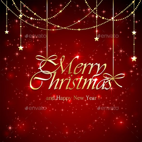 merry christmas and happy new year greeting card with gold lettering on red background, stars and sparkles