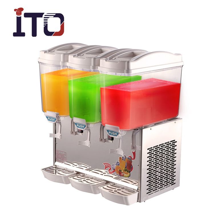 three colorful drinks dispensers sitting next to each other