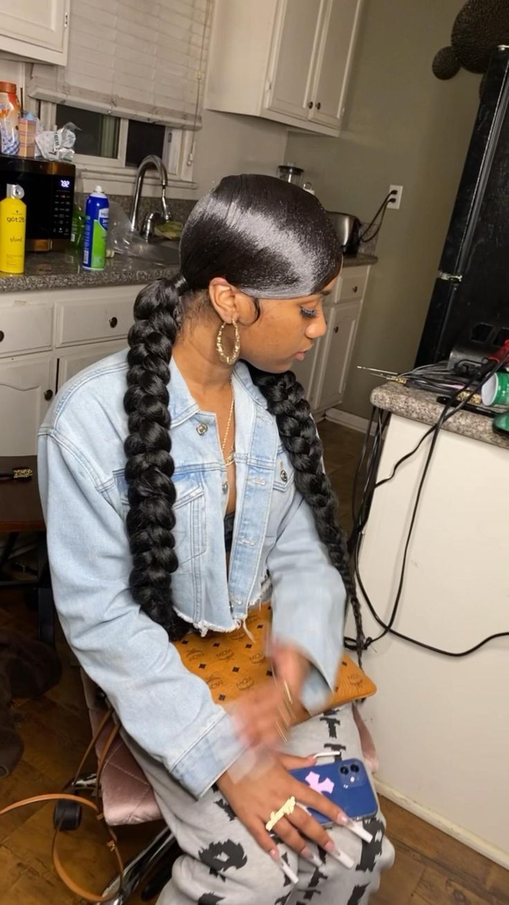 Pin on Hairstyles ✨ Plaited Ponytail, Retro, Vintage, Box Braids, Two Braided Ponytail For Black Women, 2 Braided Ponytail For Black Women, Braided Ponytail, Two Low Braided Ponytails, Braided Ponytail Hairstyles