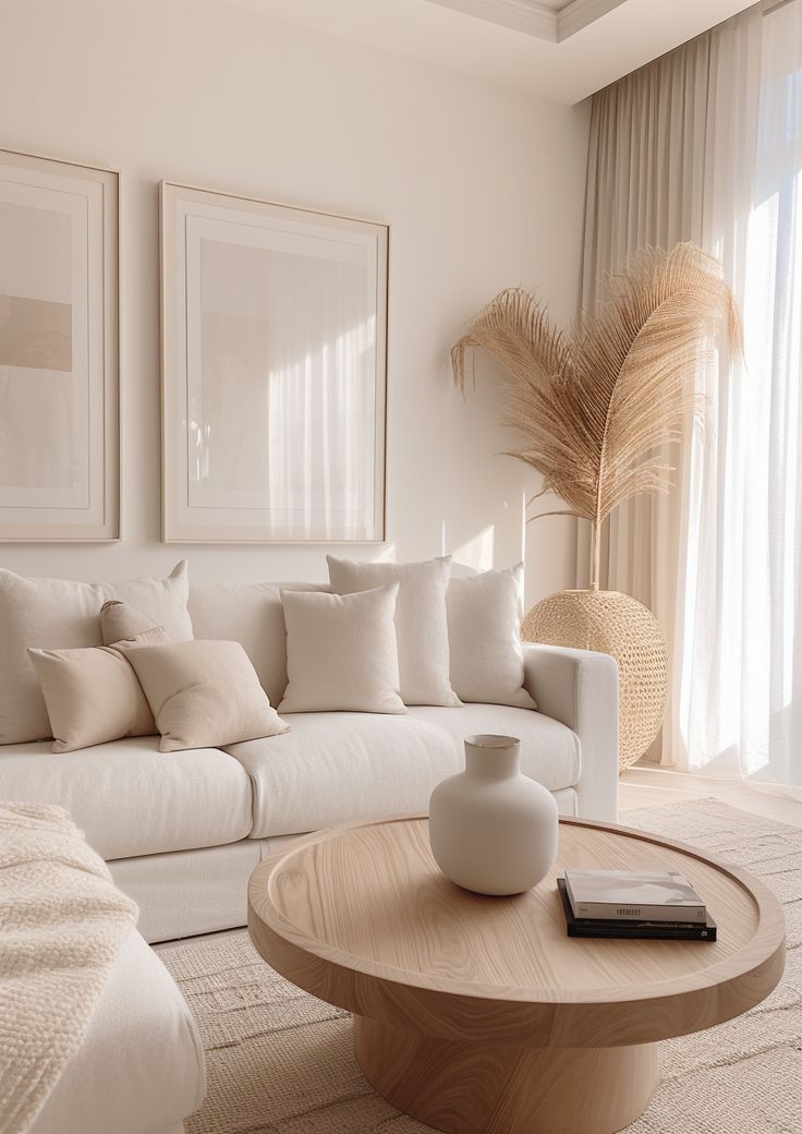 a living room filled with white furniture and pillows on top of a wooden coffee table