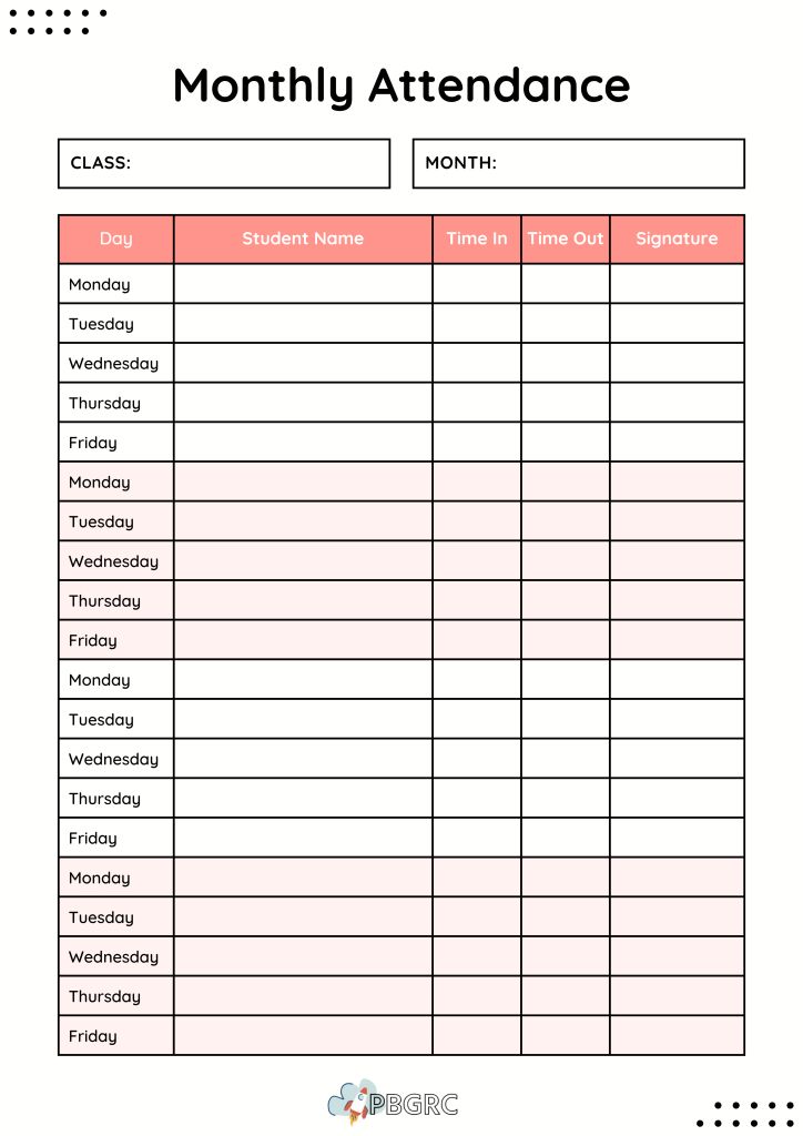 the printable attendance sheet for students to use