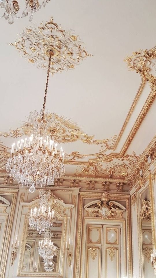 an ornately decorated room with chandeliers and mirrors