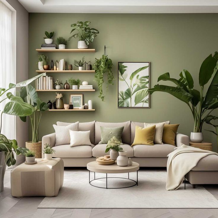 a living room filled with lots of furniture and plants on the wall above it's shelves