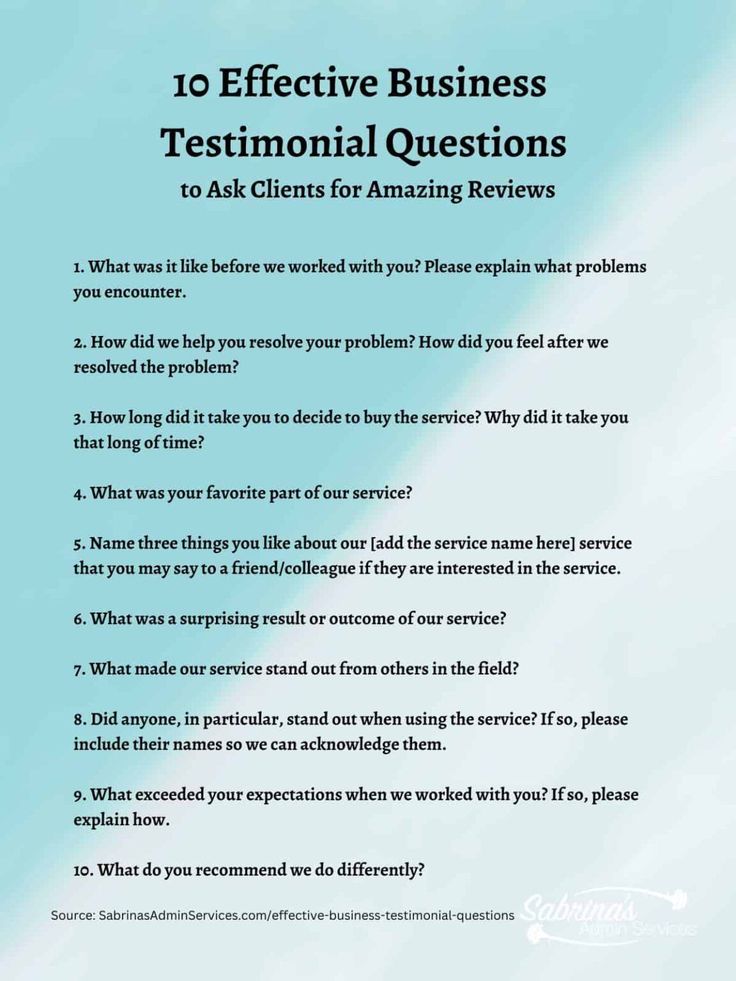 a blue background with the text 10 effective business testimonal questions to ask client for amazing review
