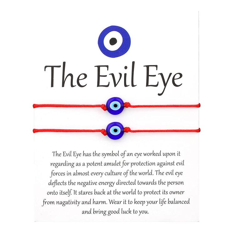 the evil eye bracelet with red string and blue evil eye bead on white card