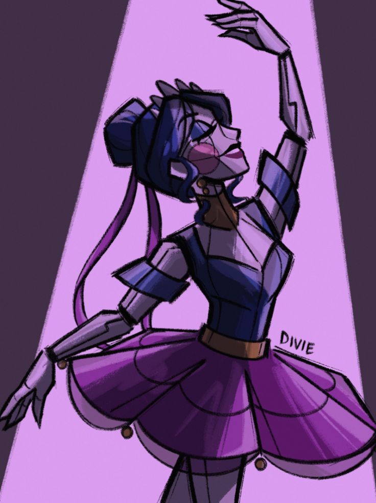 a drawing of a woman in a purple dress holding her arm up with one hand