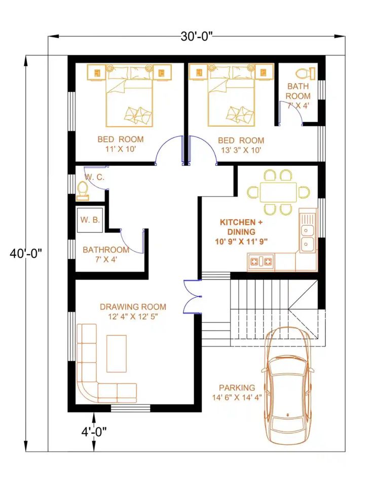 the floor plan for a two bedroom house with an attached bathroom and living room area