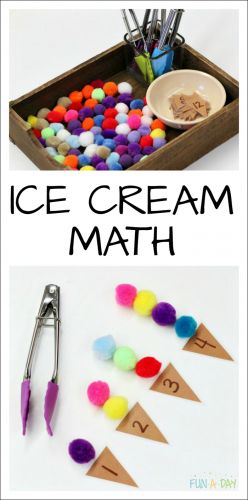 Ice Cream Numbers - preschool summer math that explores fine motor skills, counting, one-to-one correspondence, and more early math skills Early Years Maths, Montessori, Pre K, Summer Math, Early Math, Summer Preschool, Math Center, Homeschool Preschool, Prek Math
