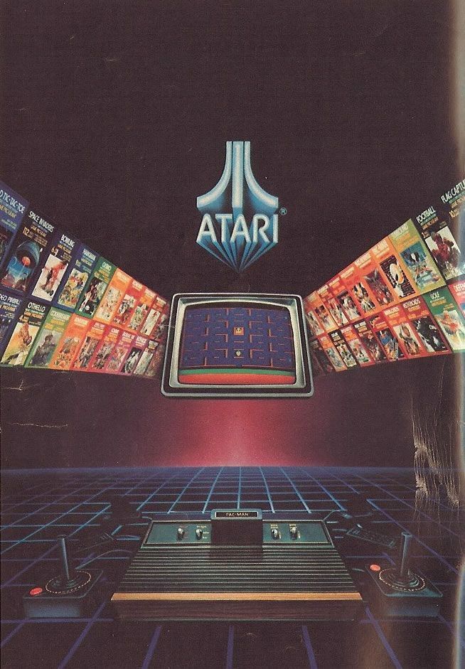 an advertisement for the atari game console with images of video games in front of it