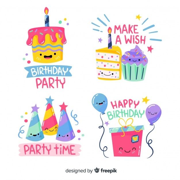 four birthday cards with cake, balloons and stars on them in different colors that say make a wish, party time
