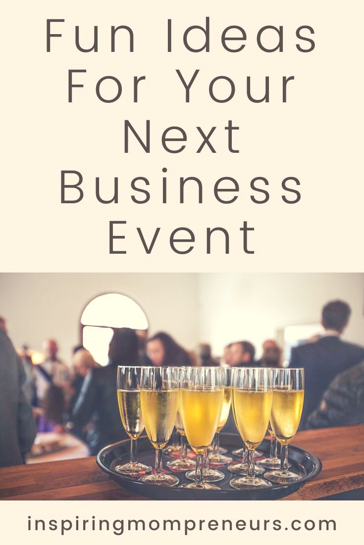 four glasses of champagne on a table with people in the background text reads fun ideas for your next business event