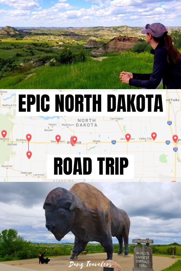 two pictures with the words epic north dakota road trip and an image of a bison