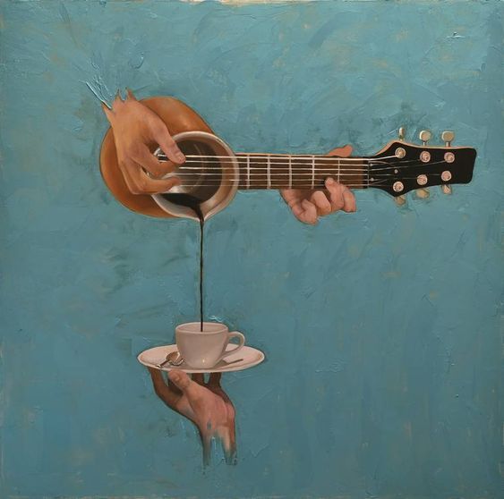 a painting of a person holding a coffee cup and playing the guitar with their fingers