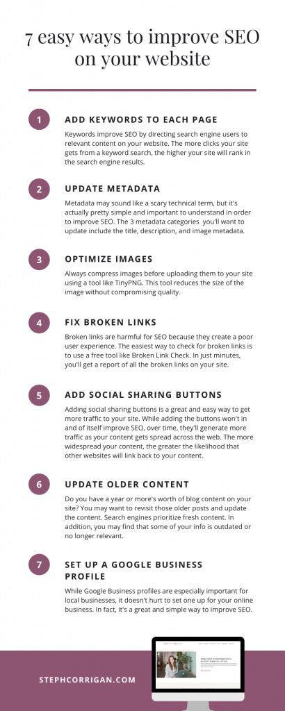the 7 easy ways to improve seo on your website info sheet, click - by - click