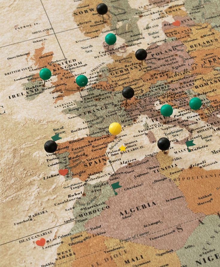 a map with pins in the middle of europe and some other countries on one side