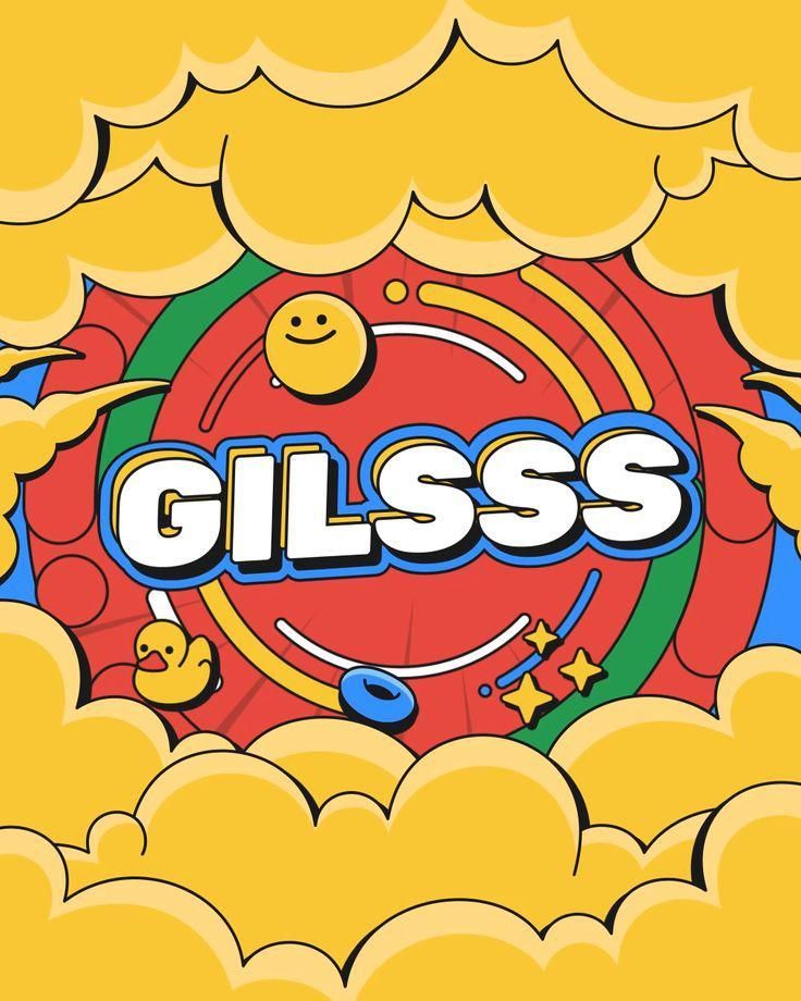 a cartoon character with the word glisss on it's face in front of clouds