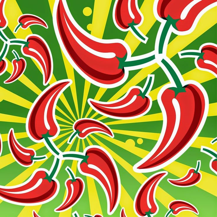 red peppers on green and yellow background with sunbursts in the center, illustration