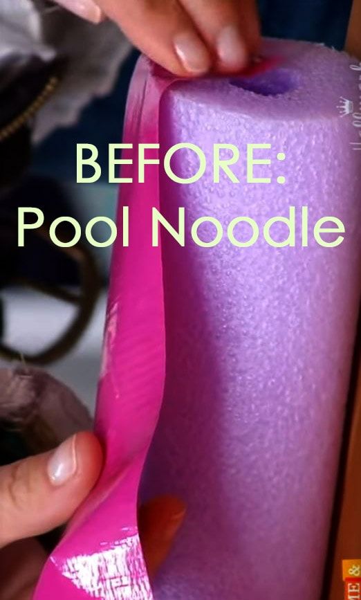 a person holding a purple object with the words before pool noodle on it