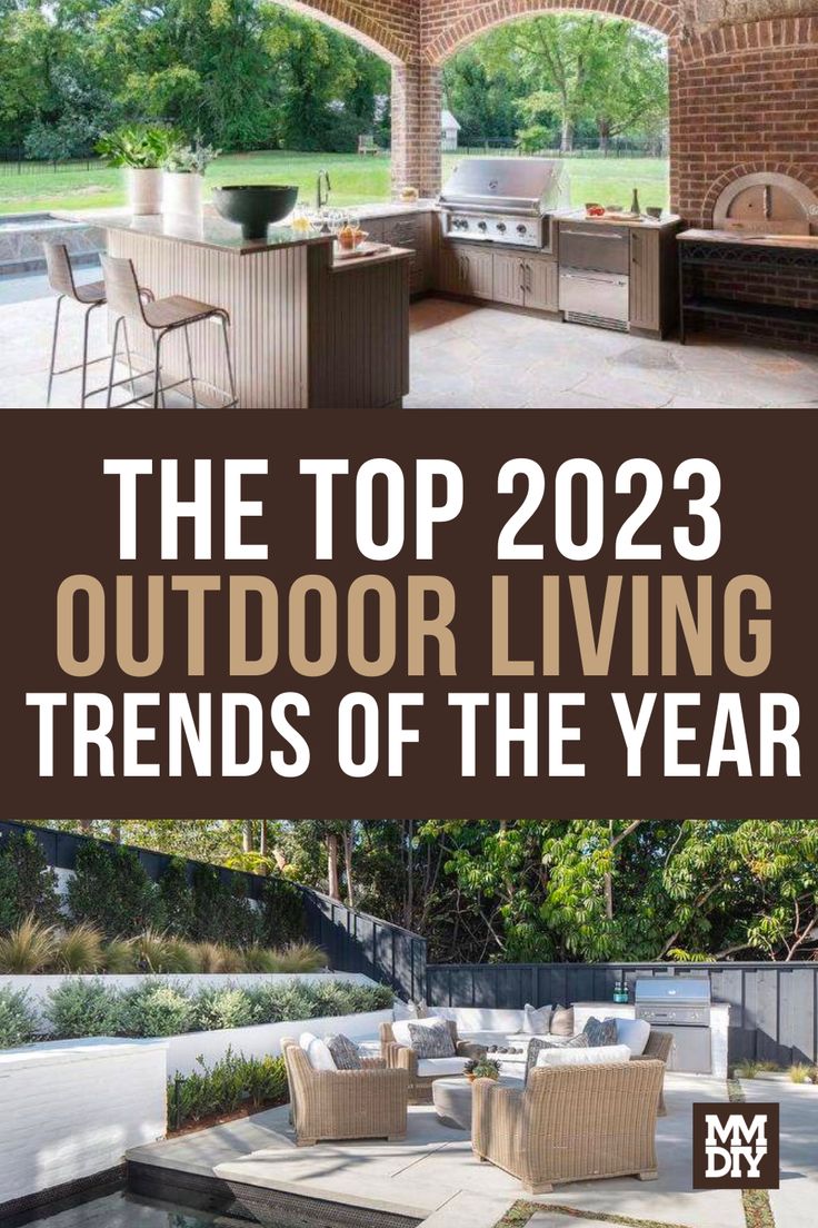 an outdoor living area with furniture and grills in the background, text overlay reads'the top 20 best outdoor living areas of the year '