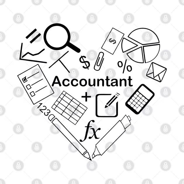 a heart shaped with the words account and various office items in black on a white background