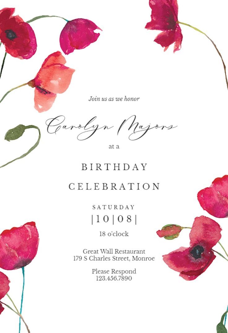 an image of a birthday party card with red flowers on the front and green leaves on the back