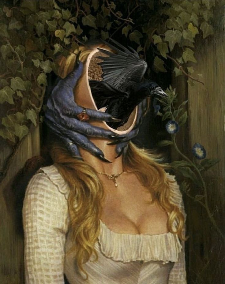 a painting of a woman with her face painted like a bird