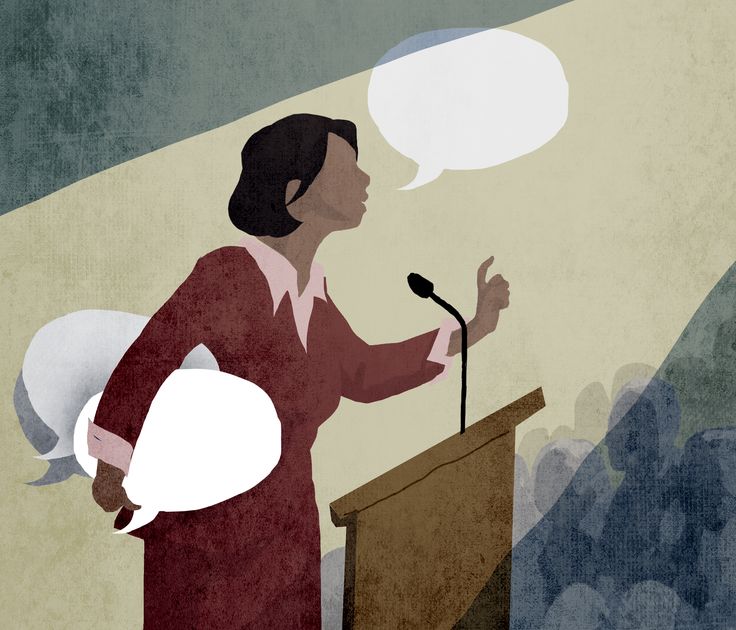 a woman standing at a podium with speech bubbles above her head