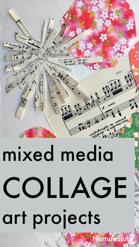 the words mixed media collage art projects are surrounded by paper flowers and music notes