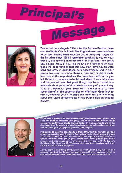 a brochure with two people on it and the words principals message in pink