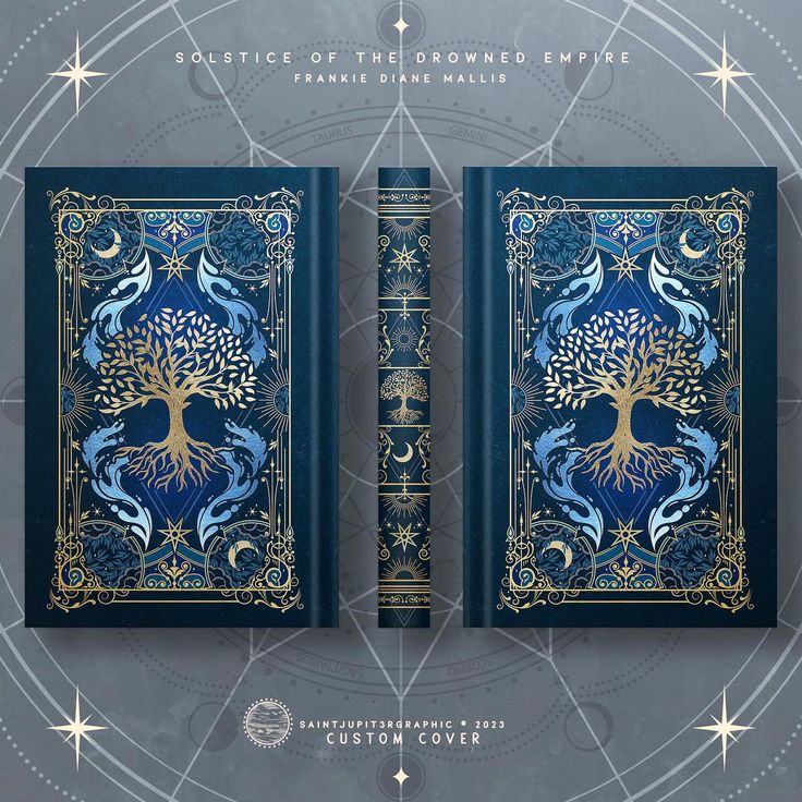 the book cover is blue and gold with an image of a tree on it, surrounded by stars