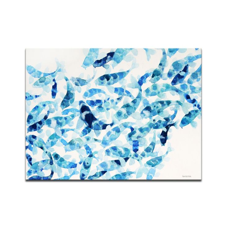 an abstract painting with blue and white colors on the bottom, it looks like fish are swimming