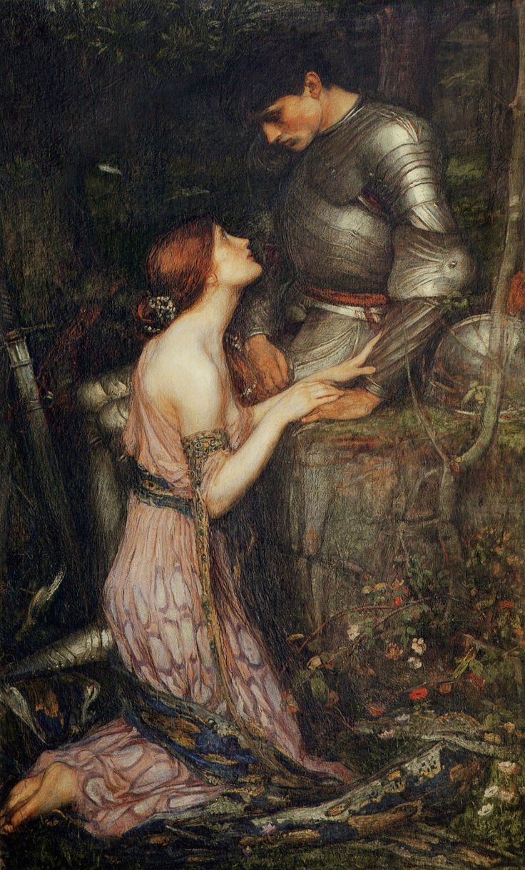 a painting of a man and woman in armor standing next to each other near a tree
