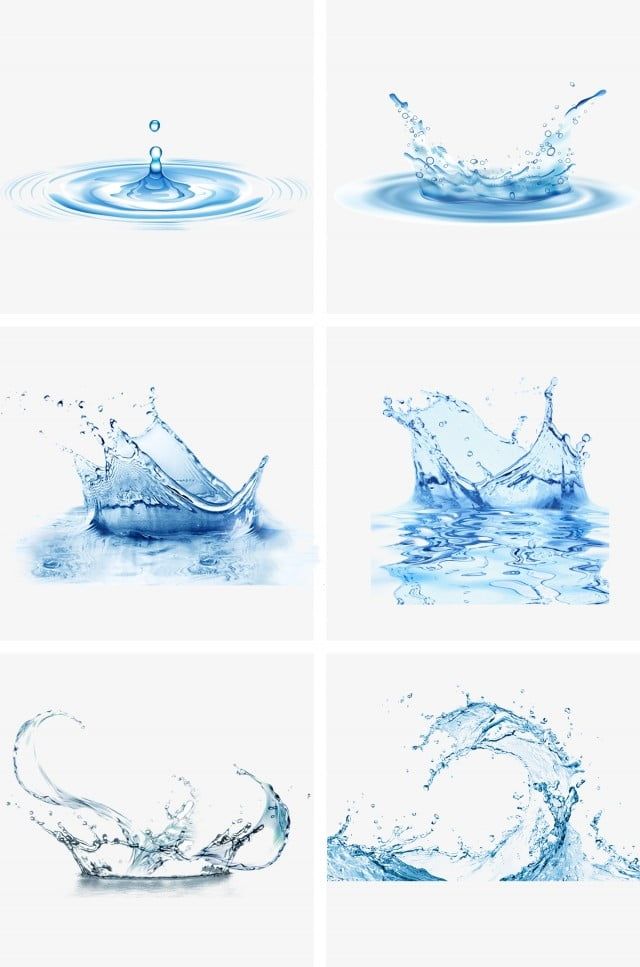 water splashes in different shapes and sizes on white background, set of four images