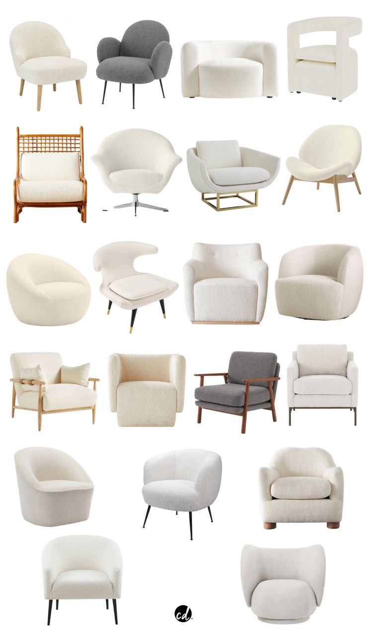 a bunch of chairs and couches that are all in different shapes, sizes and colors
