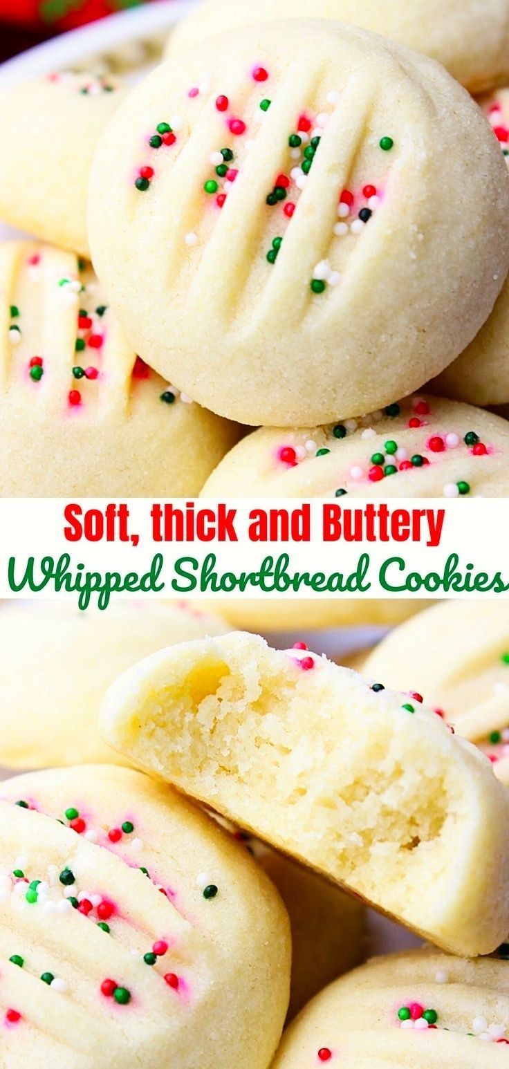easy whipped shortbread cookies recipe with white frosting and colorful sprinkles