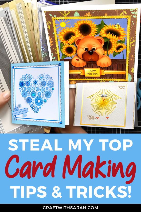 some cards and pictures with the words steal my top card making tips and tricks on them